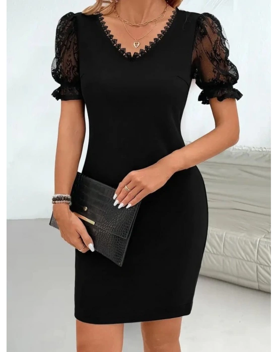 Kadın Kısa Kollu V Yakalı Dantel Detaylı Kısa Ithal Krep Elbise