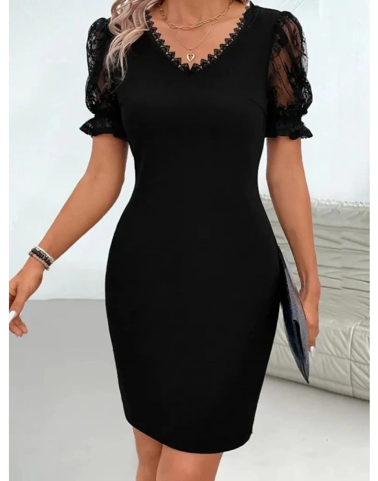 Kadın Kısa Kollu V Yakalı Dantel Detaylı Kısa Ithal Krep Elbise
