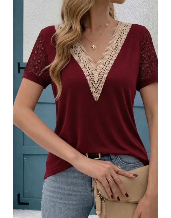 Kadın Kısa Kollu V Yakalı Dantel Detaylı Viskon Bluz