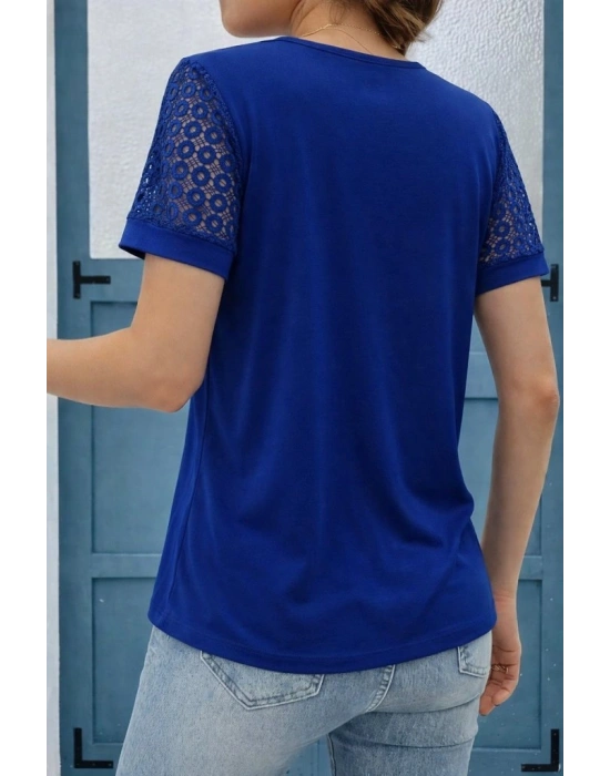 Kadın Kısa Kollu V Yakalı Dantel Detaylı Viskon Bluz