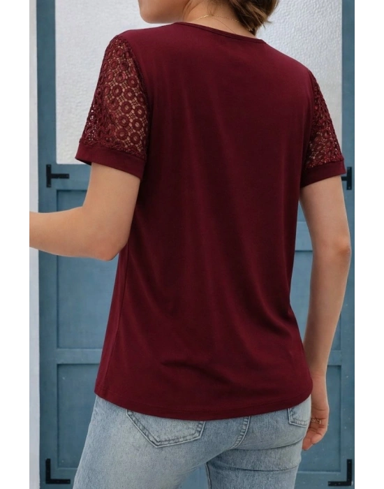 Kadın Kısa Kollu V Yakalı Dantel Detaylı Viskon Bluz