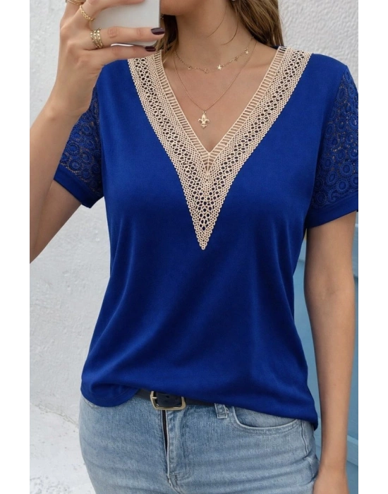 Kadın Kısa Kollu V Yakalı Dantel Detaylı Viskon Bluz
