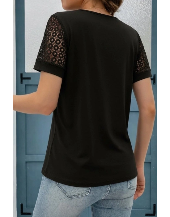 Kadın Kısa Kollu V Yakalı Dantel Detaylı Viskon Bluz