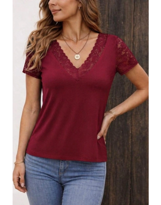 Kadın Kısa Kollu V Yakalı Dantelli Viskon Bluz