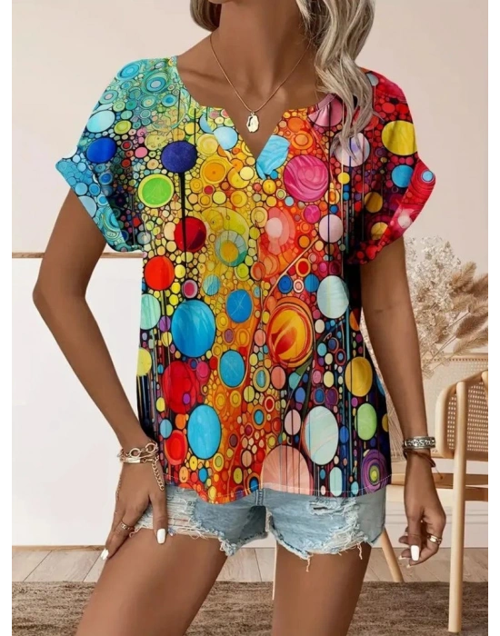 Kadın Kısa Kollu V Yakalı Desenli Süprem Bluz