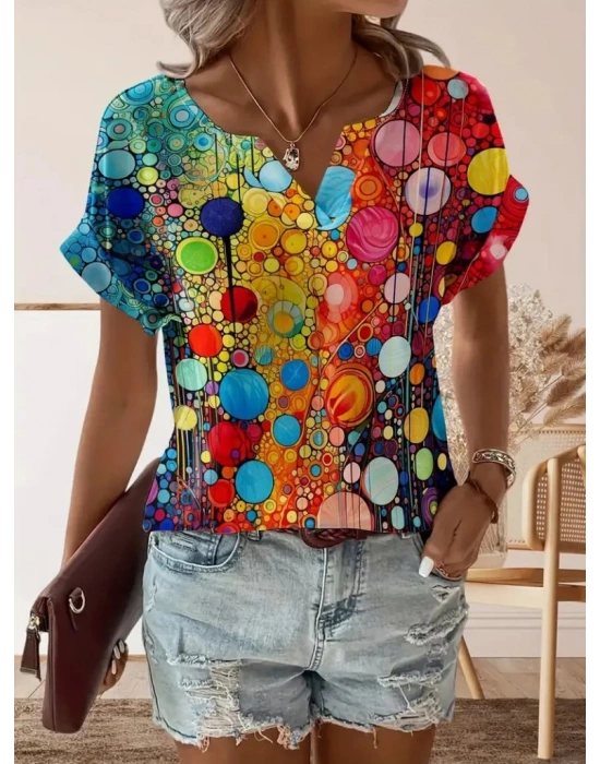Kadın Kısa Kollu V Yakalı Desenli Süprem Bluz