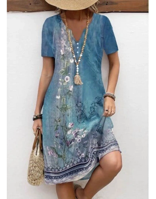 Kadın Kısa Kollu V Yakalı Desenli Süprem Elbise