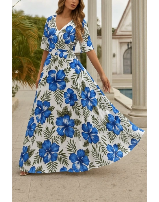 Kadın Kısa Kollu V Yakalı Desenli Süprem Elbise