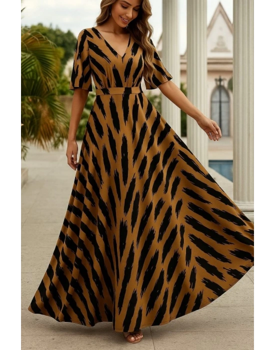 Kadın Kısa Kollu V Yakalı Desenli Süprem Elbise