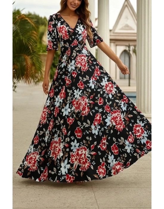 Kadın Kısa Kollu V Yakalı Desenli Süprem Elbise