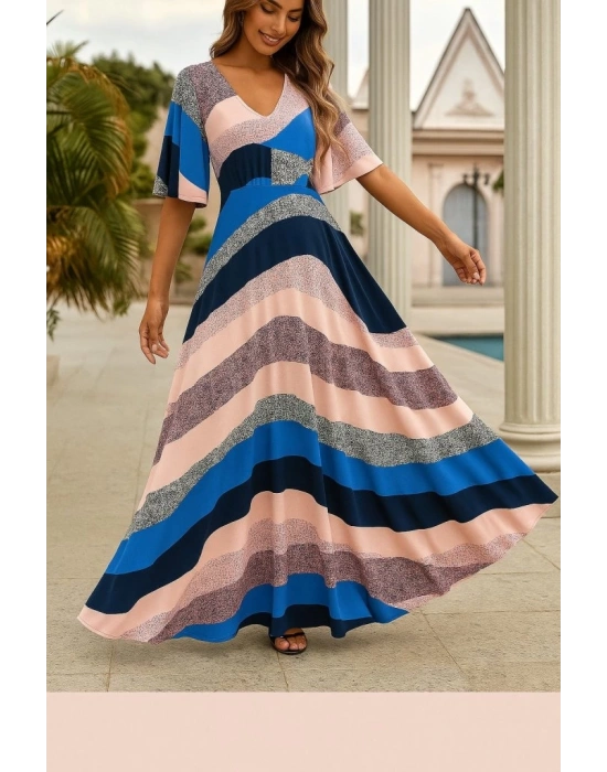 Kadın Kısa Kollu V Yakalı Desenli Süprem Elbise