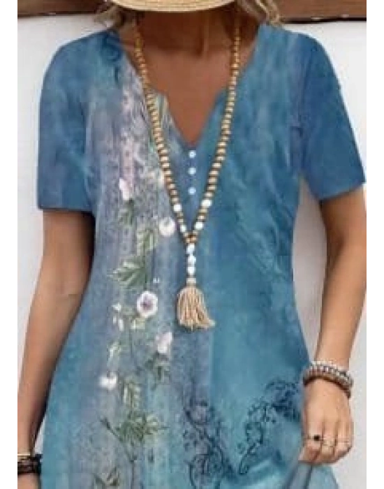 Kadın Kısa Kollu V Yakalı Desenli Süprem Elbise