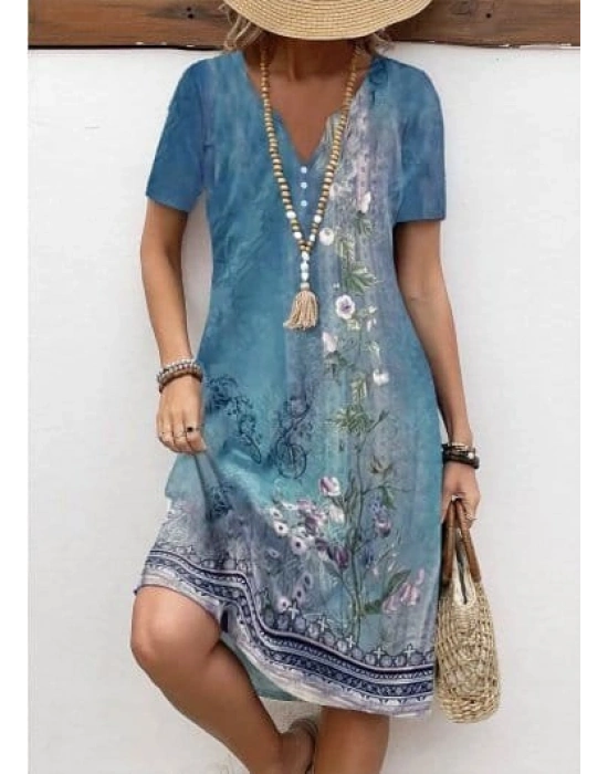 Kadın Kısa Kollu V Yakalı Desenli Süprem Elbise