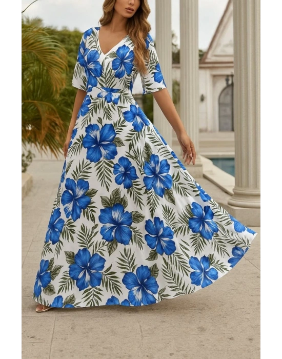 Kadın Kısa Kollu V Yakalı Desenli Süprem Elbise