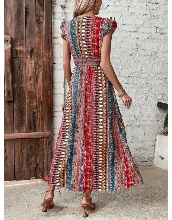 Kadın Kısa Kollu V Yakalı Desenli Yandan Yırtmaçlı Süprem Elbise