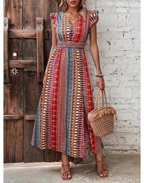 Kadın Kısa Kollu V Yakalı Desenli Yandan Yırtmaçlı Süprem Elbise