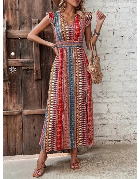 Kadın Kısa Kollu V Yakalı Desenli Yandan Yırtmaçlı Süprem Elbise