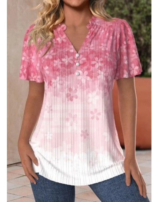 Kadın Kısa Kollu V Yakalı Düğmeli çiçek Baskılı Pamuk Bluz