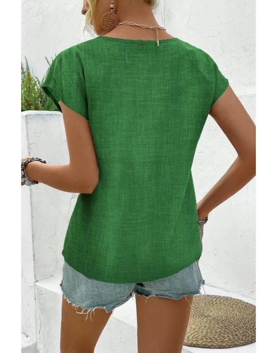 Kadın Kısa Kollu V Yakalı Düğmeli Keten Bluz