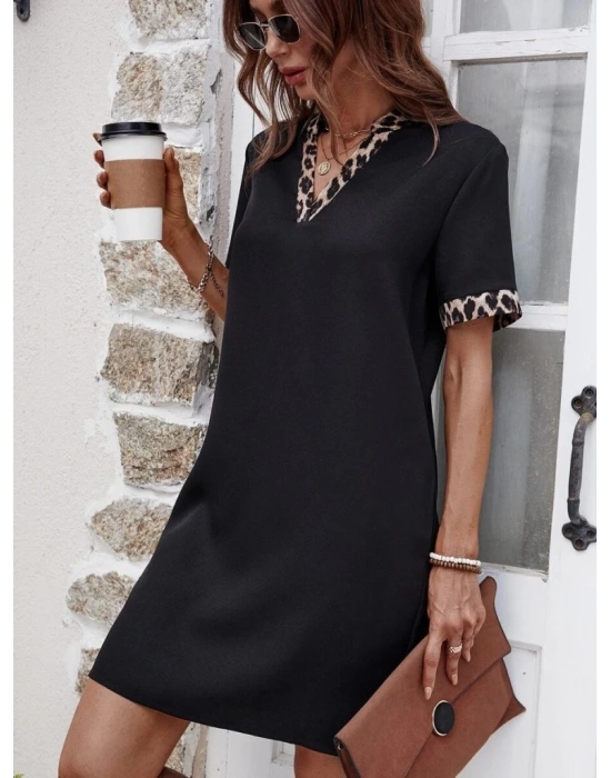 Kadın Kısa Kollu V Yakalı Leopar Desen Detaylı Modal Elbise