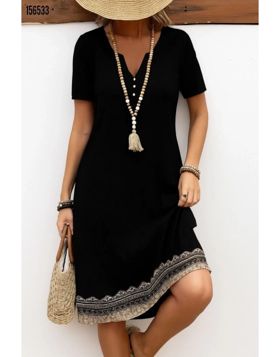 Kadın Kısa Kollu V Yakalı Etek Ucu Desenli Viskon Elbise