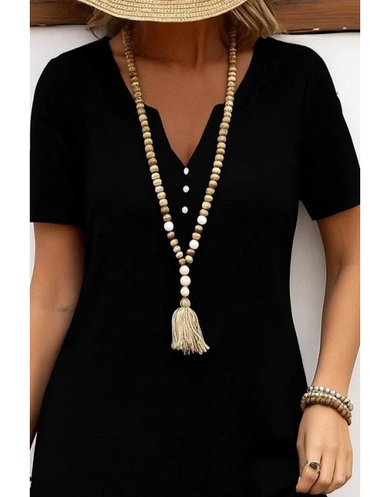 Kadın Kısa Kollu V Yakalı Etek Ucu Desenli Viskon Elbise