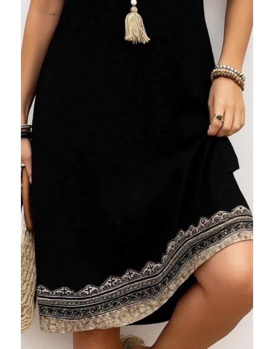 Kadın Kısa Kollu V Yakalı Etek Ucu Desenli Viskon Elbise