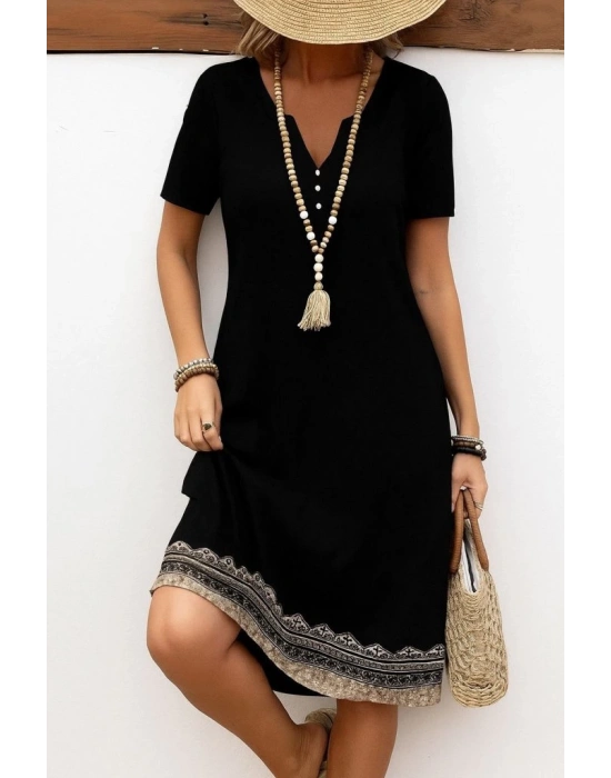 Kadın Kısa Kollu V Yakalı Etek Ucu Desenli Viskon Elbise