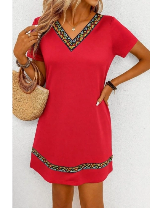 Kadın Kısa Kollu V Yakalı Etnik Desen şerit Detaylı Viskon Elbise
