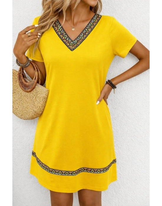 Kadın Kısa Kollu V Yakalı Etnik Desen şerit Detaylı Viskon Elbise