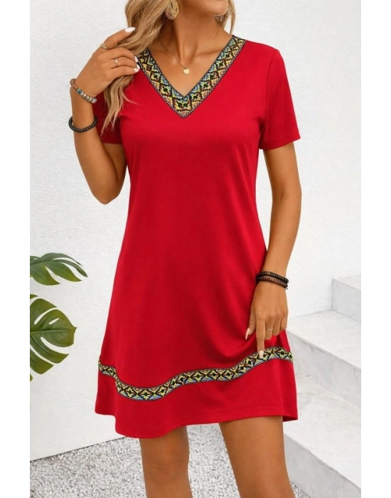 Kadın Kısa Kollu V Yakalı Etnik Desen şerit Detaylı Viskon Elbise