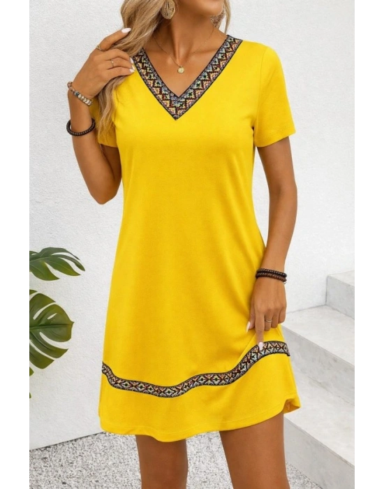 Kadın Kısa Kollu V Yakalı Etnik Desen şerit Detaylı Viskon Elbise