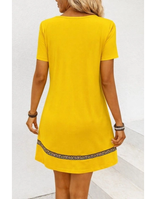 Kadın Kısa Kollu V Yakalı Etnik Desen şerit Detaylı Viskon Elbise