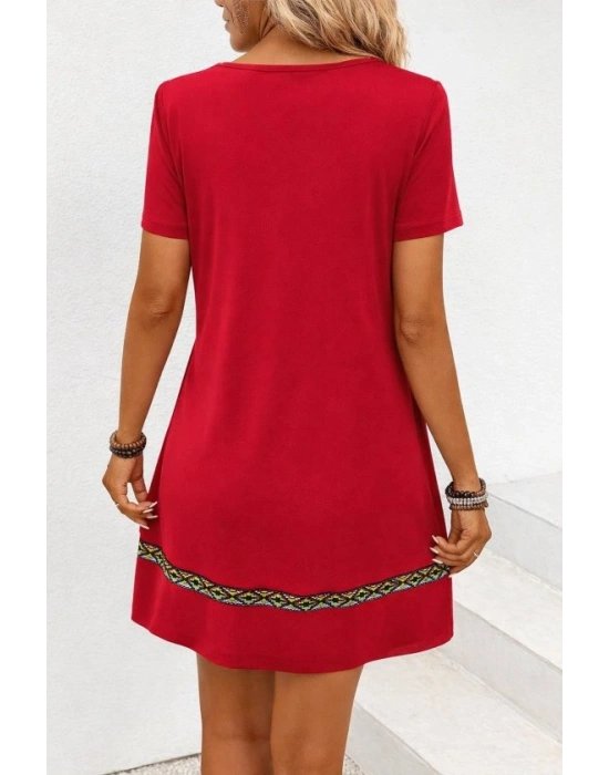 Kadın Kısa Kollu V Yakalı Etnik Desen şerit Detaylı Viskon Elbise