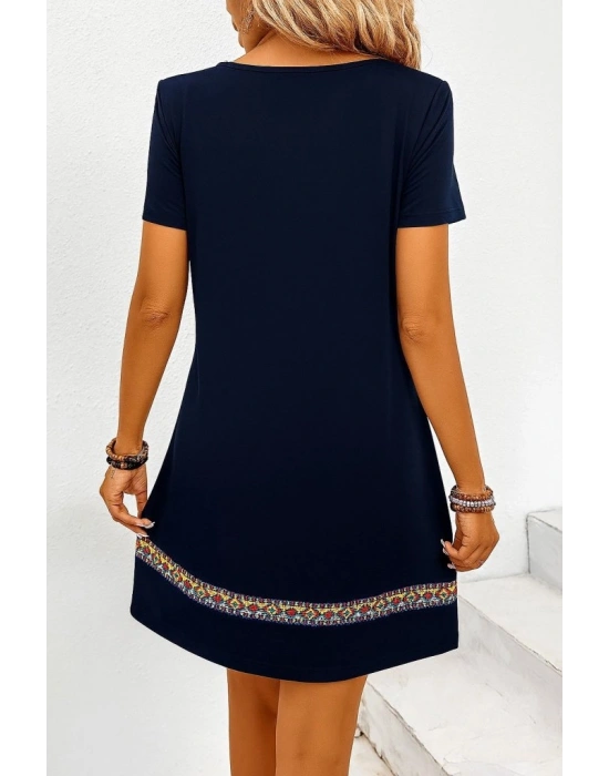 Kadın Kısa Kollu V Yakalı Etnik Desen şerit Detaylı Viskon Elbise