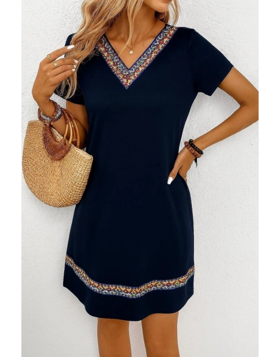 Kadın Kısa Kollu V Yakalı Etnik Desen şerit Detaylı Viskon Elbise