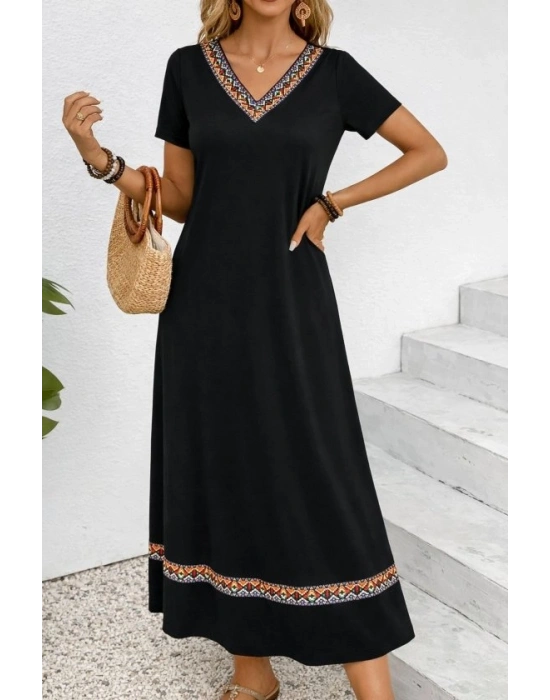 Kadın Kısa Kollu V Yakalı Etnik şerit Detaylı Uzun Viskon