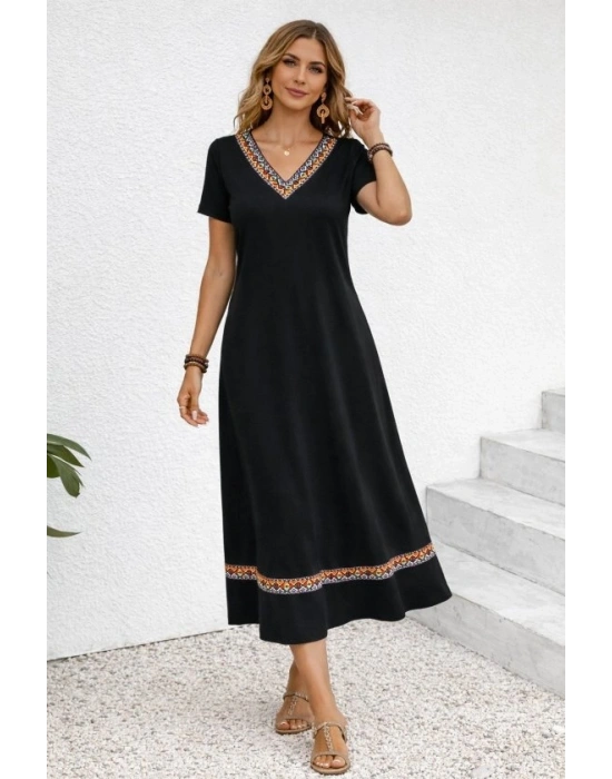 Kadın Kısa Kollu V Yakalı Etnik şerit Detaylı Uzun Viskon