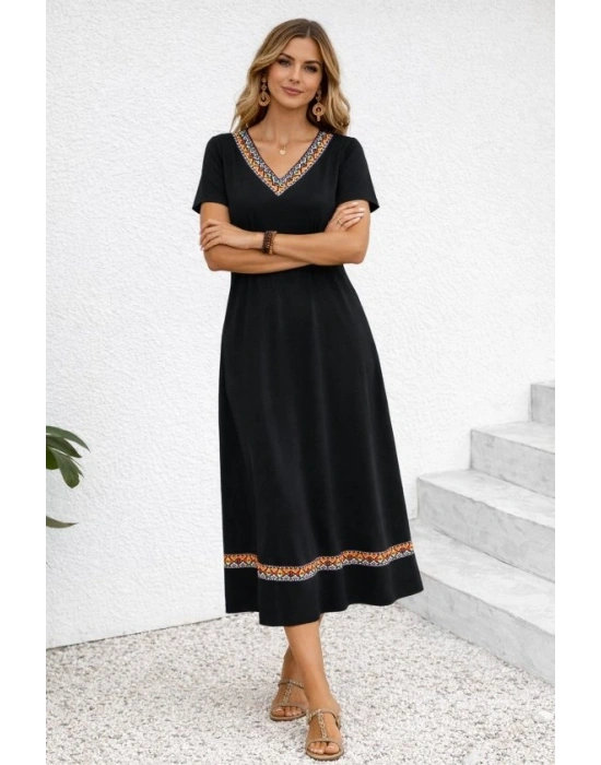 Kadın Kısa Kollu V Yakalı Etnik şerit Detaylı Uzun Viskon