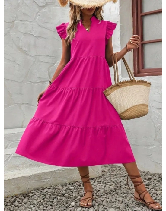 Kadın Kısa Kollu V Yakalı Geniş Kesim Uzun Trikoton Elbise