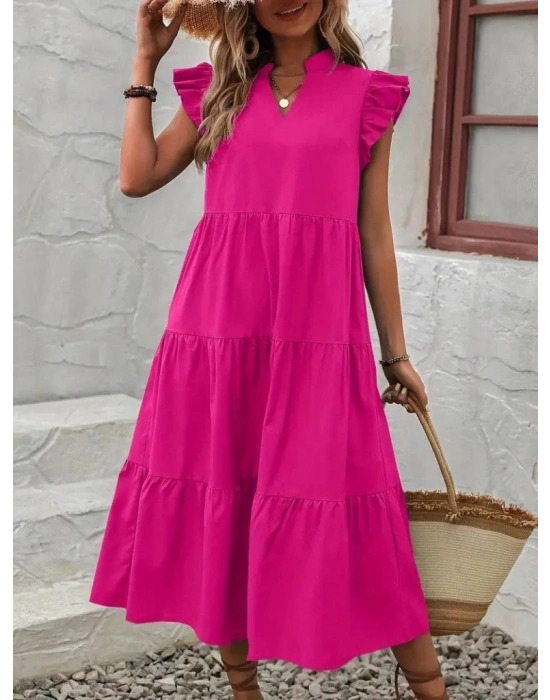 Kadın Kısa Kollu V Yakalı Geniş Kesim Uzun Trikoton Elbise