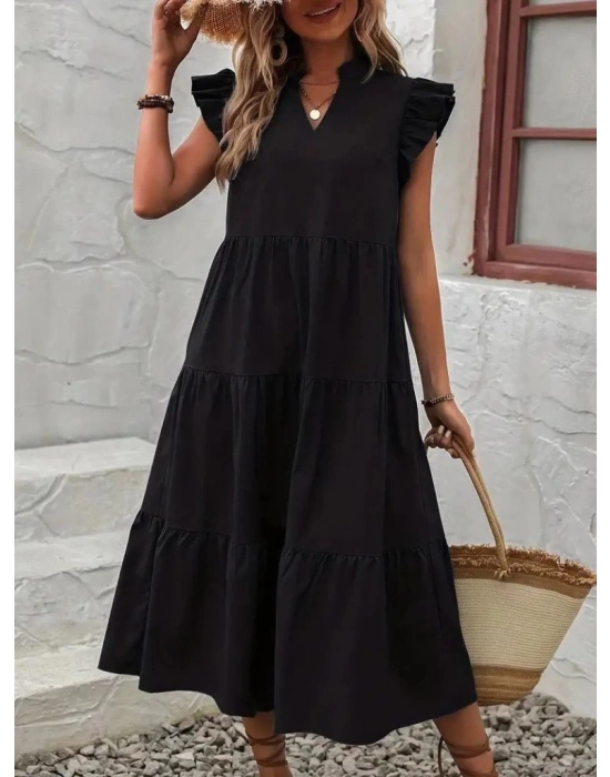 Kadın Kısa Kollu V Yakalı Geniş Kesim Uzun Trikoton Elbise