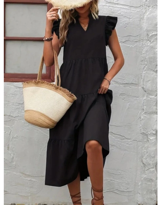 Kadın Kısa Kollu V Yakalı Geniş Kesim Uzun Trikoton Elbise