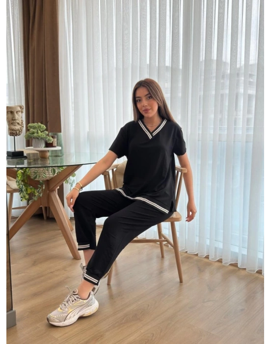 Kadın Kısa Kollu V Yakalı Iki Iplik Bluz Ve Pantolon Ikili Takım
