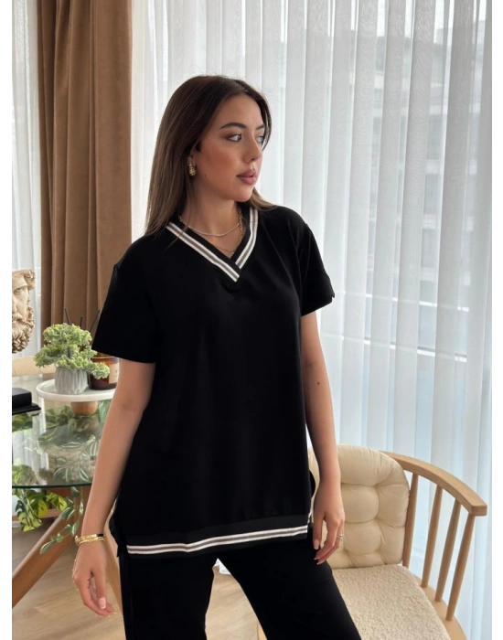 Kadın Kısa Kollu V Yakalı Iki Iplik Bluz Ve Pantolon Ikili Takım