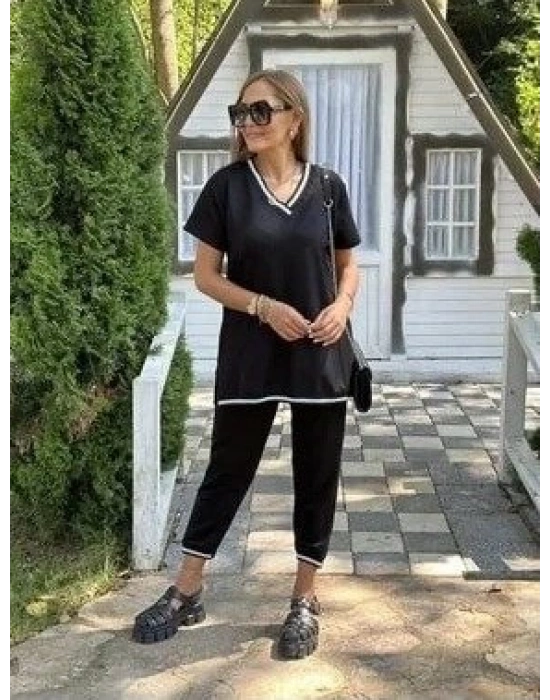 Kadın Kısa Kollu V Yakalı Iki Iplik Bluz Ve Pantolon Ikili Takım