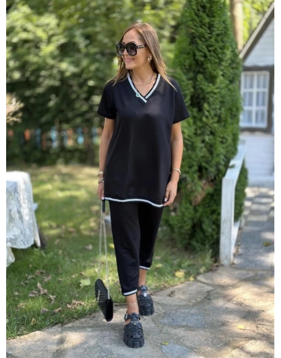 Kadın Kısa Kollu V Yakalı Iki Iplik Bluz Ve Pantolon Ikili Takım