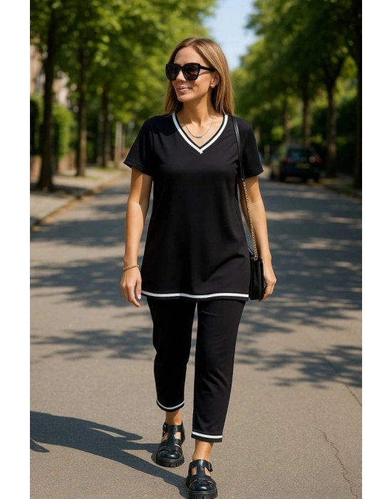 Kadın Kısa Kollu V Yakalı Iki Iplik Bluz Ve Pantolon Ikili Takım