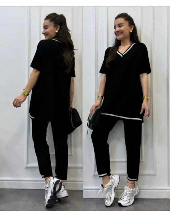 Kadın Kısa Kollu V Yakalı Iki Iplik Bluz Ve Pantolon Ikili Takım