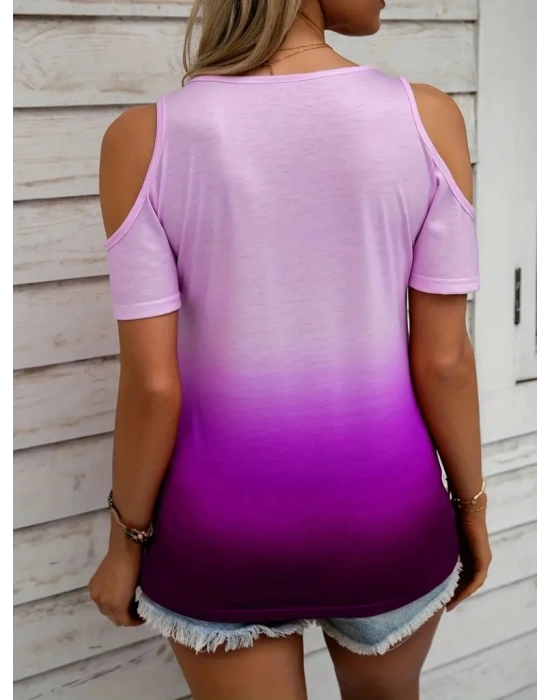 Kadın Kısa Kollu V Yakalı Iki Omuzu Açık Renk Geçiş Baskılı Süprem Bluz